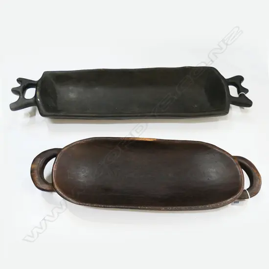 2 HARDWOOD ISLAND FOOD BOWLS WITH HANDLES LONGEST 720MM