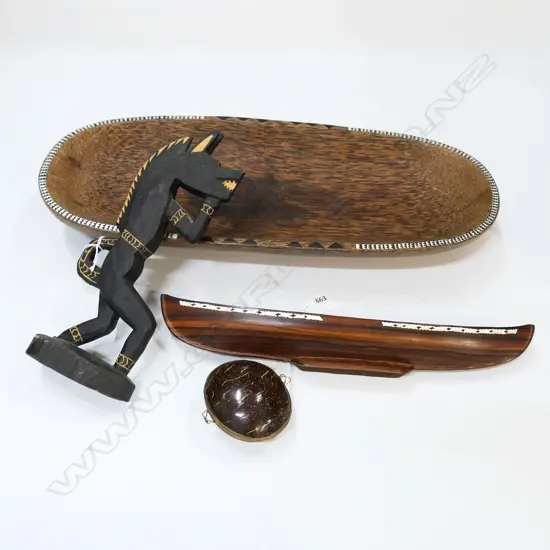 FOUR SOLOMON ISLAND WOODEN ARTIFACTS (BOAT, PURSE,HORSE SCULPTURE AND PLATTER ), LONGEST 500MM