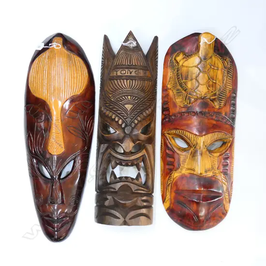 3 PACIFIC ISLAND CARVED WOOD FACE MASKS H580MM