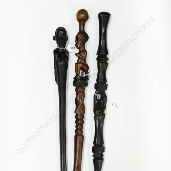 3 AFRICAN HARDWOOD CARVED WALKINGSTICKS 1M TALLEST