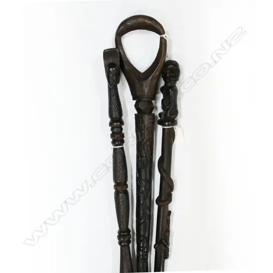 3 AFRICAN HARDWOOD CARVED WALKINGSTICKS 1070MM TALLEST