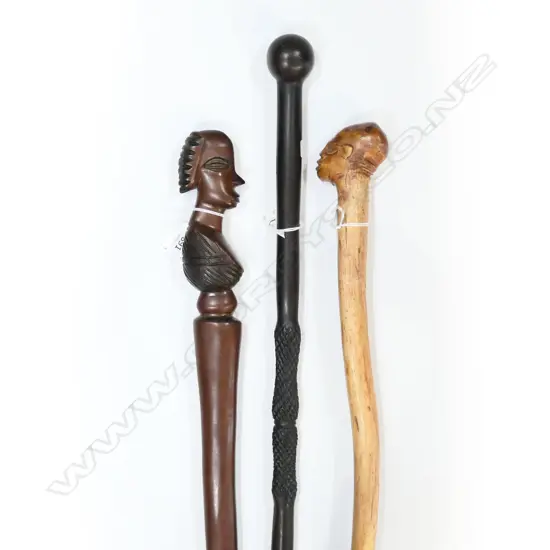 3 CARVED WOOD WALKINGSTICKS LONGEST 870MM