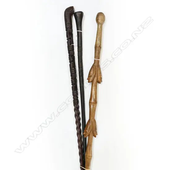 3 AFRICAN HARDWOOD CARVED WALKINGSTICKS 900MM TALLEST