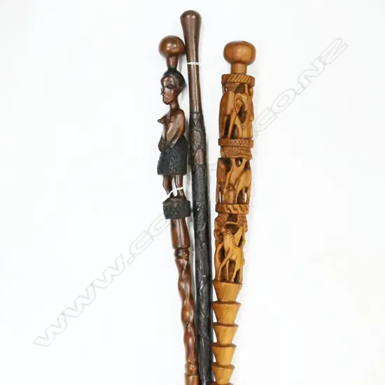 3 AFRICAN HARDWOOD CARVED WALKINGSTICKS 1040MM TALLEST