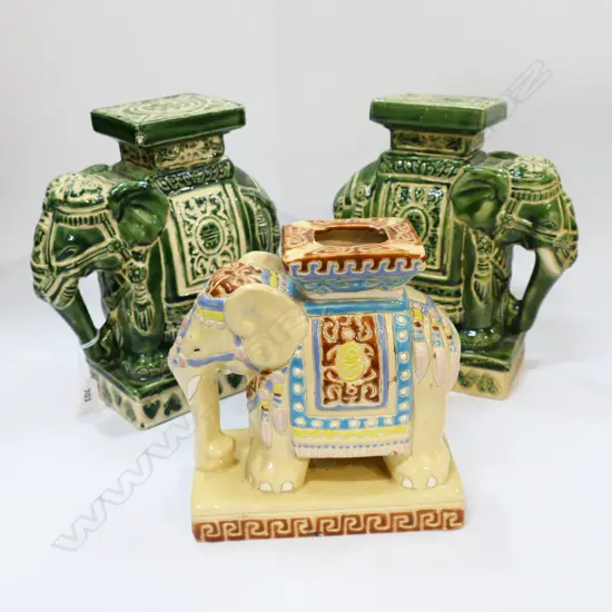 PR GREEN GLAZED CERAMIC ELEPHANTS + ANOTHER H.250mm