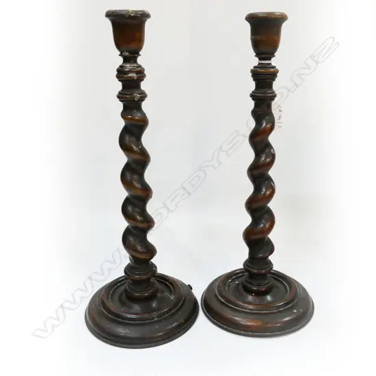 PR CARVED WOODEN BARLEY TWIST CANDLESTICKS H.345mm