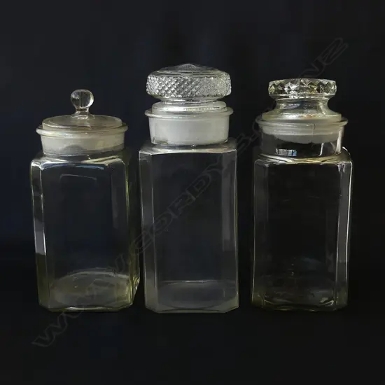 THREE ANTIQUE GLASS LIDDED LOLLY JARS, H.270MM-300MM