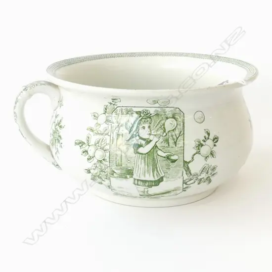 VICTORIAN TRANSFER PATTERN CHAMBER POT WITH THREE VIGNETTES OF GIRL BLOWING BUBBLES, D.235MM