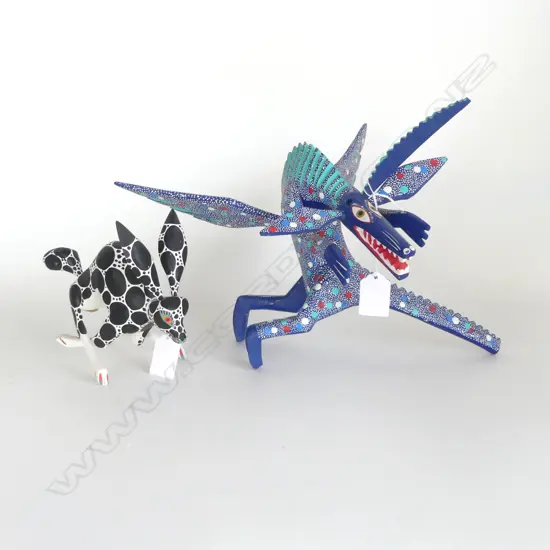 2 MEXICAN ALEBRIJIE DREAM CREATURES brightly painted 1 horn missing H.250mm tallest