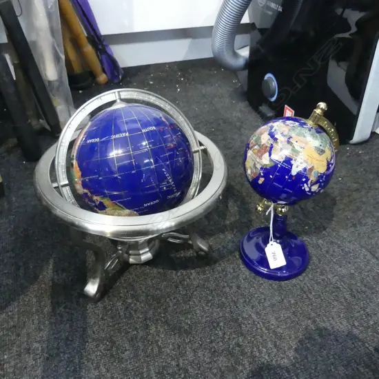 2 WORLD GLOBES INLAID WITH NATURAL STONES H.240mm