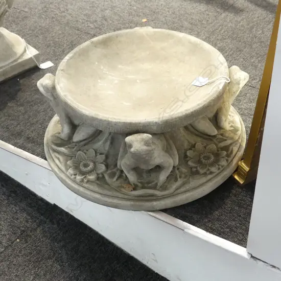 CONCRETE GARDEN BIRD BATH - LILY POND. WITH FOUR SUPPORTING FROG FIGURES. W. 400mm H. 200mm