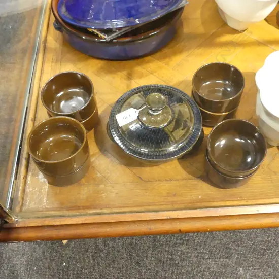 8 AIR NZ RAMEKINS 85mm dia + SMALL SIGNED STUDIO POTTERY LIDDED CASSEROLE 140mm dia 