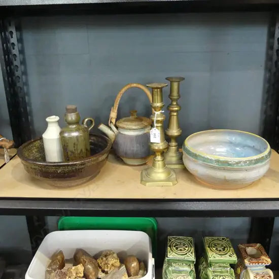 5 PCES POTTERY; PETER STICHBURY TEAPOT, 2 BOWLS 215mm dia, 2 BOTTLES + PR BRASS CANDLESTICKS H.240mm