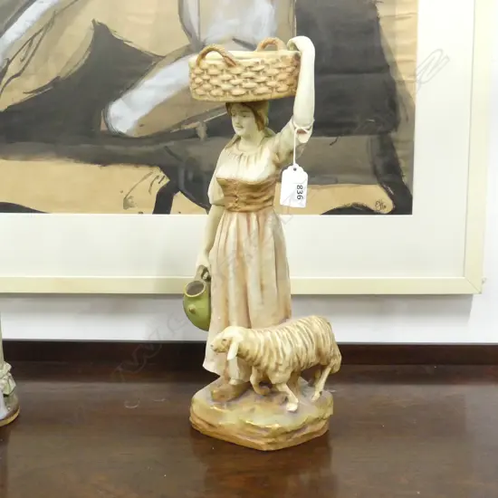 AUSTRIAN AMPHORA FIGURE YOUNG COUNTRY WOMAN W sheep basket & jug H.370mm
