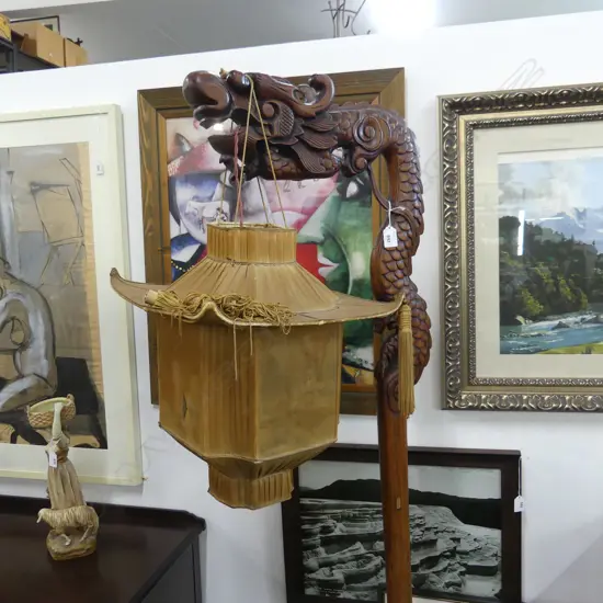 CHINESE WOODEN DRAGON FLOOR LAMP w. PAGODA SHADE H.1800mm SHADE A/F