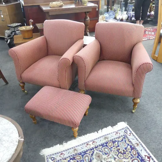 PR ARMCHAIRS & FOOTSTOOL IN RED STRIPED UPHOLSTERY