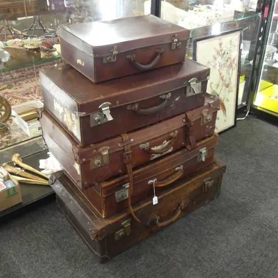 5 VINTAGE LEATHER SUITCASES