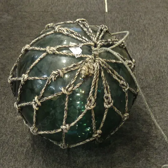 OLD GLASS FISHING FLOAT WITH NETTING hand blown APPROX. Dia.400mm