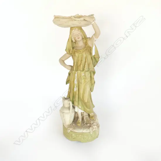 LGE ROYAL DUX FIGURINE YOUNG WOMAN with basket to her head & amphora at her feet H.475mm. #651 pink triangle