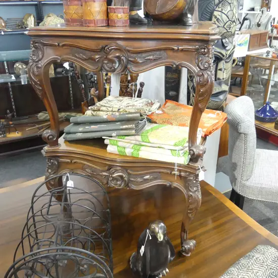 Pr exotic walnut side tables, w carved frieze & cross-banded  By J. Micheloudakis AUCKLAND 1993