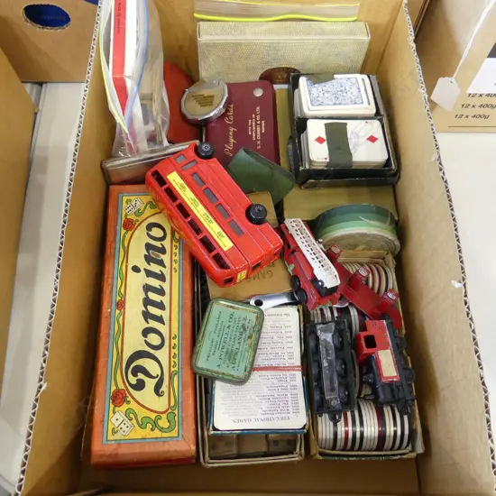 2 BOXES; ASST. PLAYING CARDS / GAMES ETC + LORENZEN MOSAIC BLOCKS + 6 NEEDLEWORK HOOPS 690x460mm