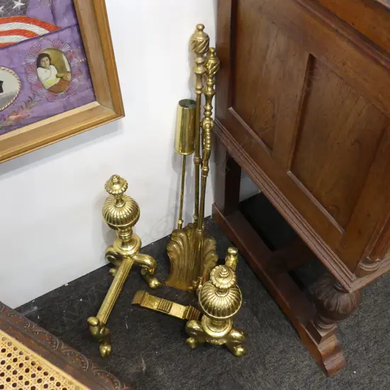 PR POLISHED BRASS FIRE DOGS H.460mm + 3 FIRE TOOLS