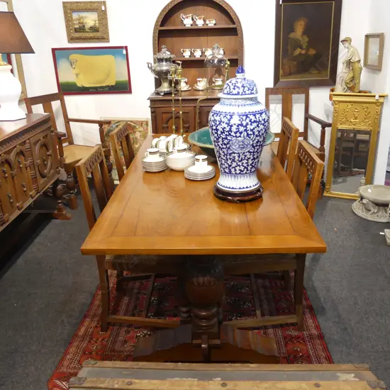 TEAK DINING TABLE & 6 CHAIRS (CANED SEATS, 2 ARE CARVERS) 1825x910x750mm