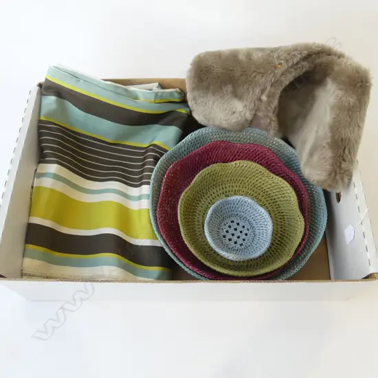 BOX – ENGLISH UPHOLSTERY FABRIC 2700MM X 1400MM (AS NEW), SET OF 4 RATTAN BOWLS, AND FAUX FUR STOLE