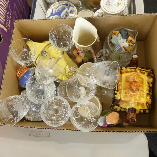 CRYSTAL WINE GLASSES, TEAPOTS ETC