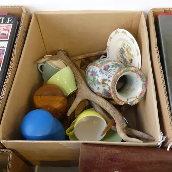 CROWN LYNN COLOUR GLAZE CUPS & SAUCERS, FAMILLE ROSE VASE AF, PR ANTLERS ETC