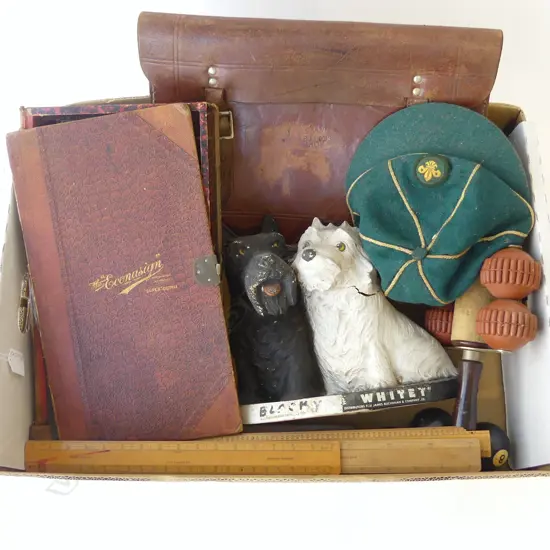 BOX – SCOUTS CAP, ECONASIGN STENCIL SET, WHISKY STAND, LEATHER SATCHEL, ‘8’ BALLS, RULERS, MAHOGANY RULER BOX, MASSAGER