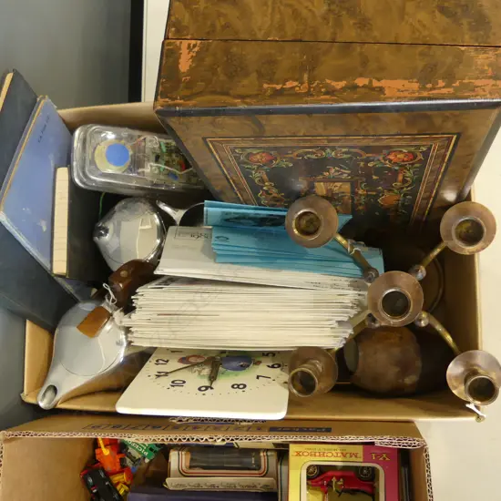 ASST. ITEMS; TRANSPARENT TELEPHONE, 2 GERMAN CLOCKS, CUTLERY, WRITING SLOPE, FIRST DAY COVERS, PILOTS LOG ETC