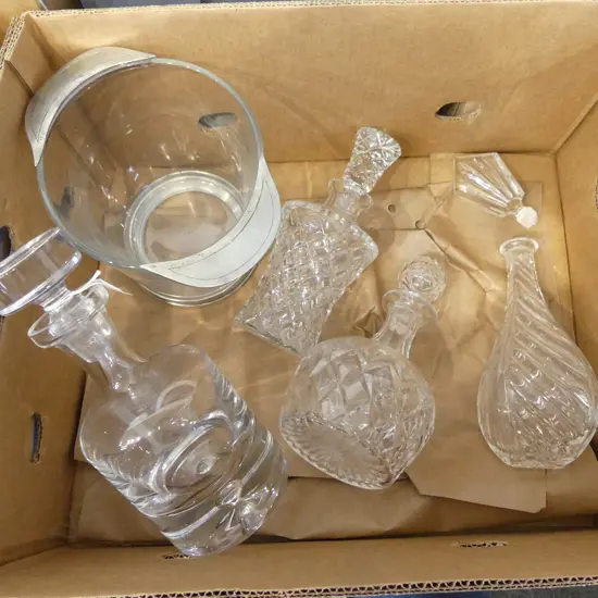 4 CRYSTAL DECANTERS H.310mm + ICE BUCKET w. PEWTER TRIM H.190mm