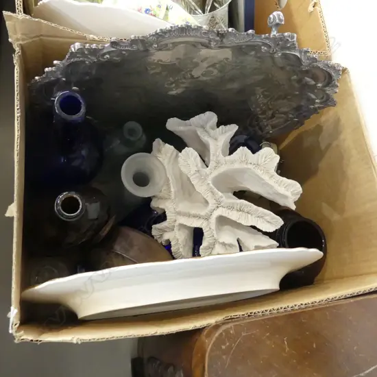 ASST. BOTTLES, RESIN CORAL, AYNSLEY FISH ASHET, EP SALVER 385mm dia