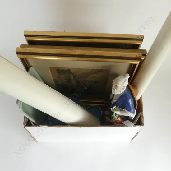 ORIENTAL ITEMS; SMALL CLOISONNE, FISHERMAN FIGURE, 3 PRINTS ETC