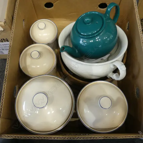 SET OF 4 SUSAN WINGET KITCHEN JARS H.150 - 235mm, SIFTER 250mm dia, TEA POT, POTTY, FISH DISH, PAPER WEIGHT