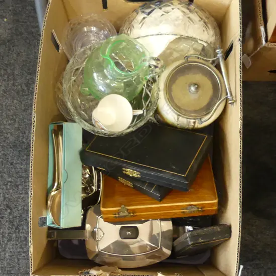 CASED CUTLERY, 3 PCE EP TEASET, CRYSTAL, R. DOULTON BISCUIT BARREL ETC