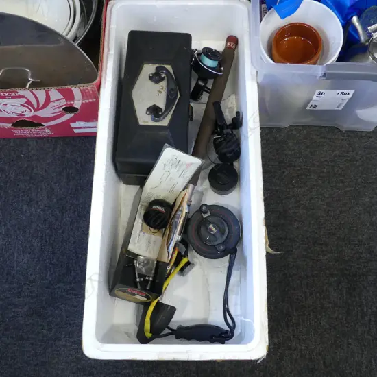 BOX LOT FISHING ROD REELS TACKLE ETC