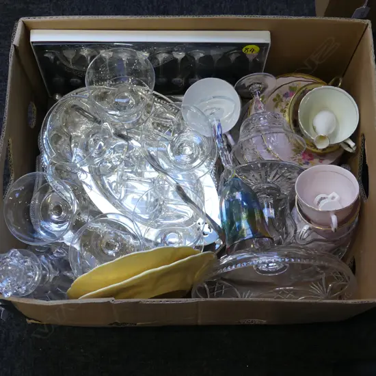 SILVER PLATE TRAYS, CRYSTAL COMPORT & JUG, TEA SET, CHINA ETC