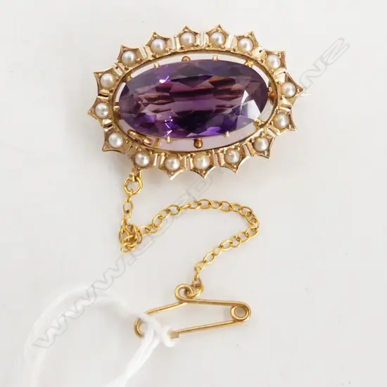 15CT GOLD PEARL AMETHYST BROOCH