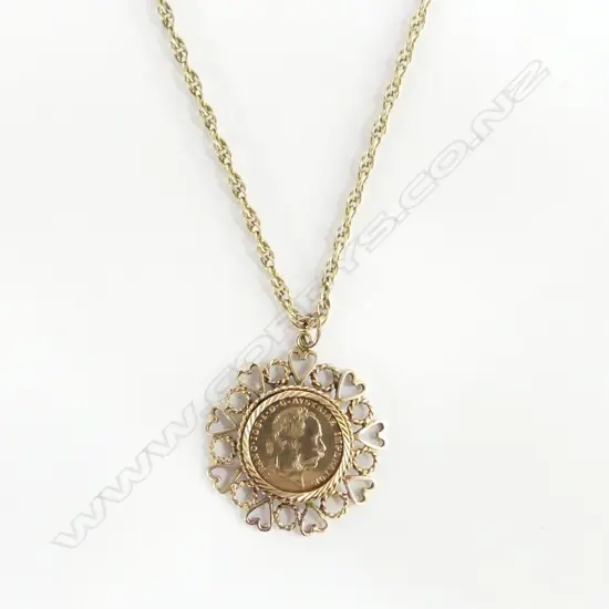 9CT YELLOW GOLD NECKLACE W 1925 FANTASY GOLD COIN PENDANT 20.58gms