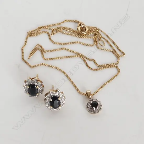 PR 9CT & SAPPHIRE EARRINGS + PENDANT 2.9 GRAMS + PLATED? CHAIN
