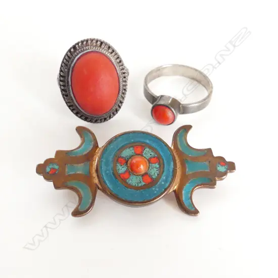 2 STG & RED CORAL RING + BROOCH
