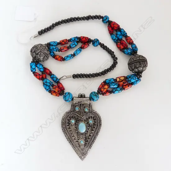 NECKLACE RED & BLUE BEADS w LATICE PATTERN & SILVER HEART, CAMBODIAN