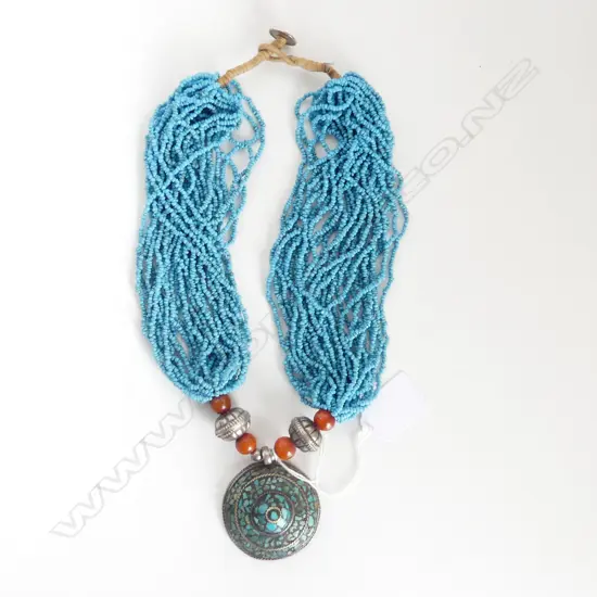 PALE BLUE BEADED NECKLACE w CIRCULAR TURQUOISE MOSAIC, CAMBODIAN