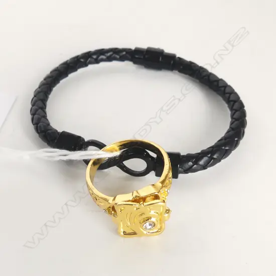 2 PC - MENS GOLD COLOURED RING w COMPARTMENT & BROWN LEATHER WOVEN BRACELET