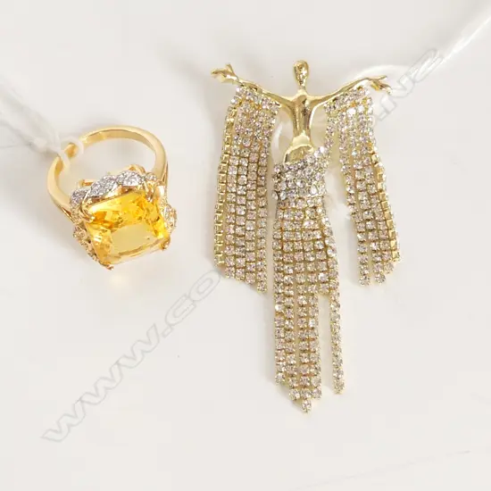 'ANGEL OF LOVE' DIAMANTE BROOCH & FAUX 'CANARY DIAMOND' COSTUME RING
