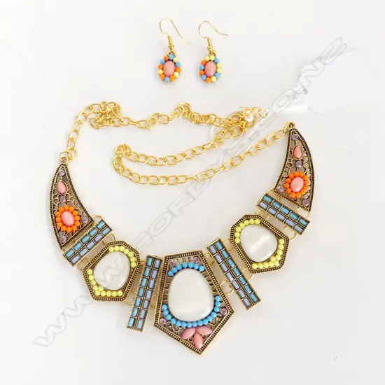 COLOURFUL NECKLACE w BLUE, PINK & YELLOW HIGHLIGHTS AND PR MATCHING EARRINGS