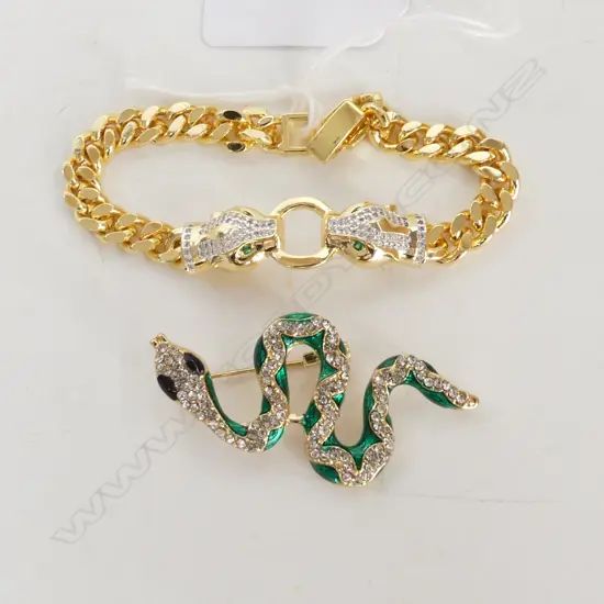 2 PC - SML BRACELET 170mm & GREEN & DIAMANTE SNAKE BROOCH