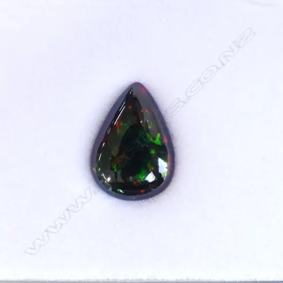 5.78ct PEAR SHAPED CABOCHON OPAL, BLACK w COLOUR HI-LITES, NATURAL, AIG REPORT
